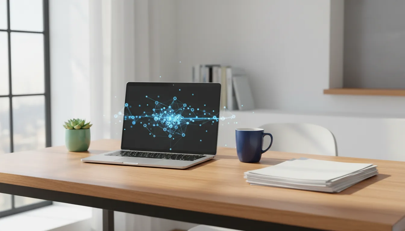 KI für Lehrer: Arbeitsplatz mit Laptop, Arbeitsblättern und KI-Visualisierung