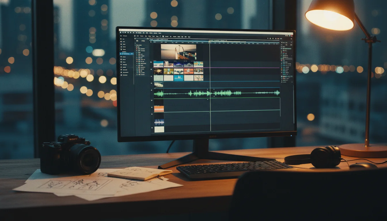 KI Video erstellen kostenlos: Laptop mit geöffneter Videogenerator-Oberfläche und Clip-Vorschau